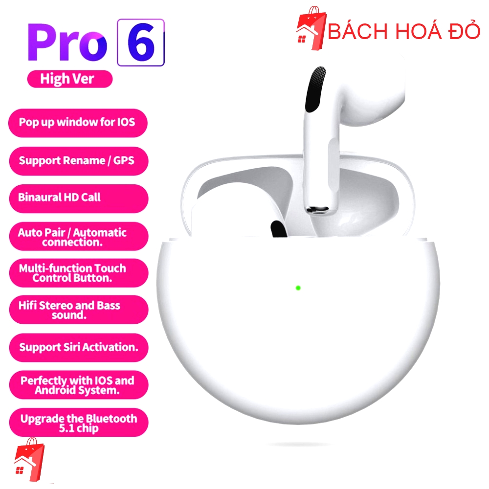 Tai Nghe Bluetooth Không Dây Pro 6, Bản Quốc tế Âm Thanh Chuẩn HIFI Dùng Cho Mọi Thiết Bị, Bảo Hành Lỗi Đổi Mới HOT